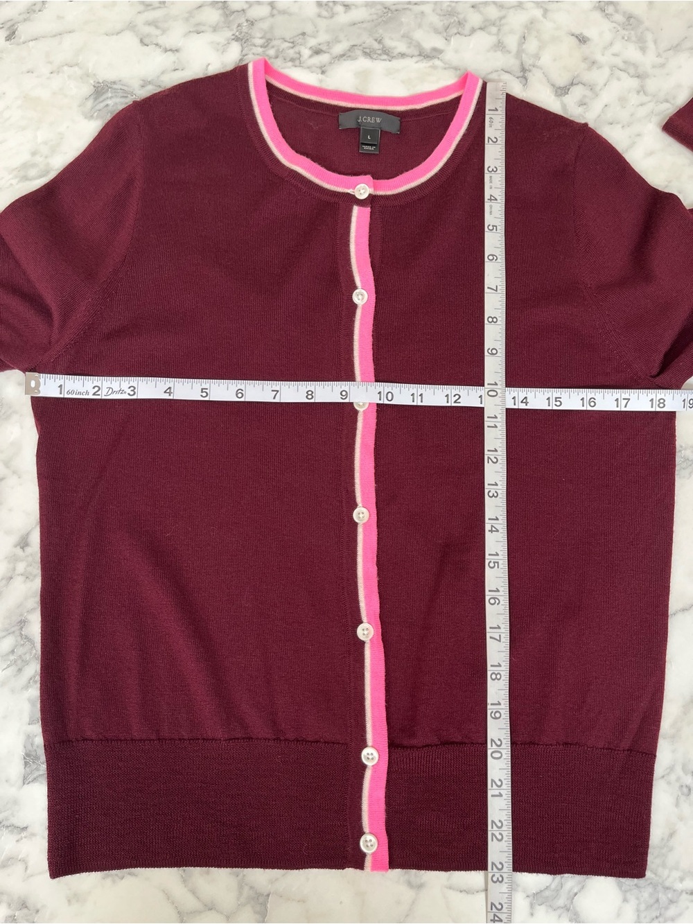 J. Crew Tipped Jackie Wool Cardigan Sweater Burgundy/Pink Large E8551 - Picture 3 of 7